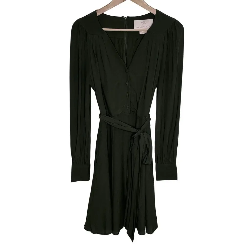 Gal Meets Glam Olive Green Faux Wrap Tie Waist Mini Dress Long Sleeve US 2 - Picture 2 of 10
